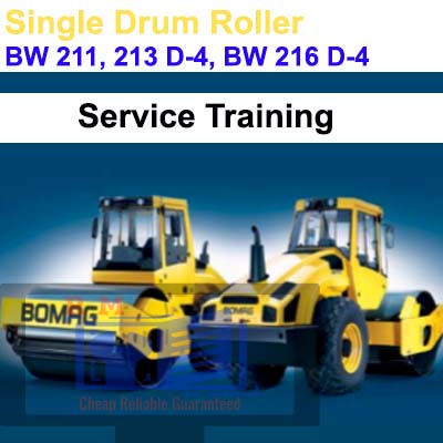 Service training session for Bomag BW211, BW213D-4, and BW216D-4 models, featuring equipment and instructional materials
