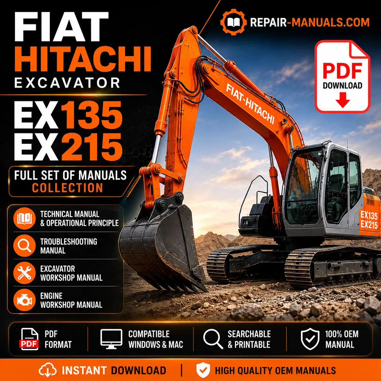 Complete manual collection for Fiat Hitachi Excavator EX135 and EX215, including user instructions and troubleshooting tips