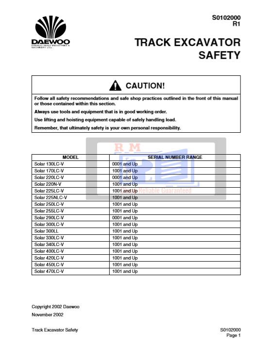 Daewoo Solar 130 to 470 LC-V Excavator Workshop Manual - Image 2