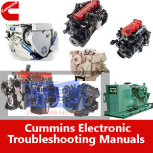 Cummins electronic troubleshooting manuals open on a table, featuring detailed diagrams and troubleshooting steps