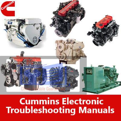 Cummins electronic troubleshooting manuals open on a table, featuring detailed diagrams and troubleshooting steps