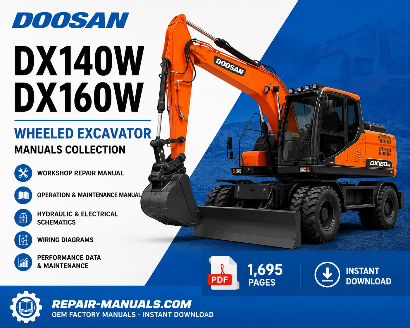 Doosan DX140W DX160W Wheeled Excavator Workshop Repair Manual Collection PDF Download