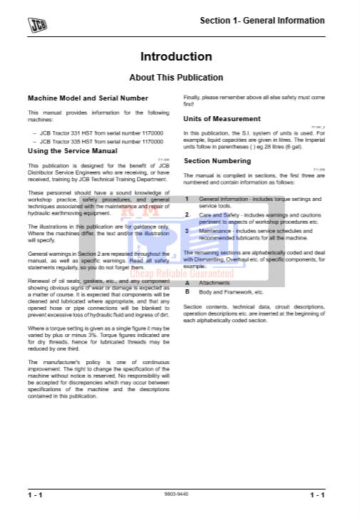 jcb tractor 335HST service manual