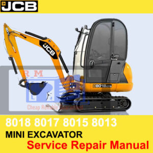 Service repair manual cover for JCB 8013, 8015, 8017, and 8018 Mini Excavators, featuring technical illustrations and details