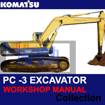 Komatsu workshop manuals displayed, featuring technical diagrams and instructions for machinery maintenance and repair