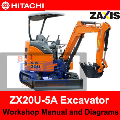 Hitachi ZX20U-5A Excavator workshop manual cover featuring diagrams and technical information for maintenance and repair