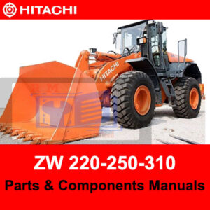 Detailed parts manual for Hitachi ZW220, ZW250, and ZW310 wheel loaders, featuring parts lists and assembly instructions