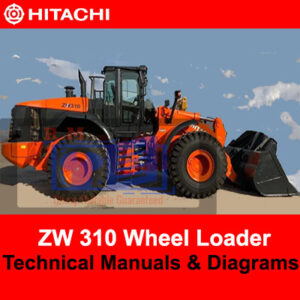 Technical manuals and diagrams for Hitachi ZW310 Wheel Loader, detailing specifications and operational guidelines