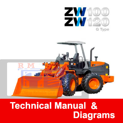 Technical manual and diagrams for Hitachi ZW 100 and ZW 120G wheel loaders, detailing specifications and maintenance procedures
