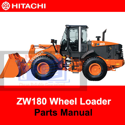 Hitachi ZW180 Wheel Loader Parts Manual cover featuring detailed diagrams and parts listings for maintenance and repair