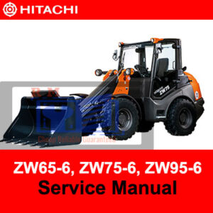 Service manual cover for Hitachi ZW65-6, ZW75-6, and ZW95-6 wheel loaders, featuring technical diagrams and specifications