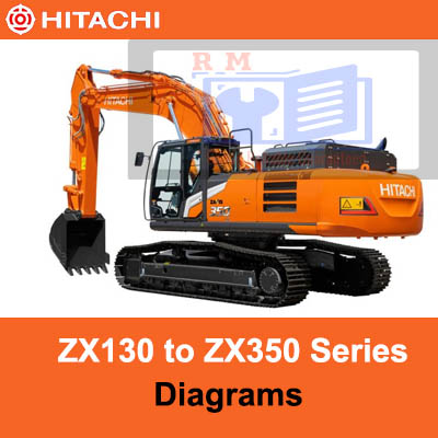Technical diagrams illustrating the Hitachi ZX130 to ZX350 series, detailing model features and configurations