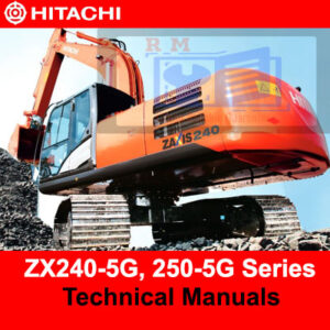 Technical manuals for Hitachi ZX240-5G and ZX250-5G, available for sale, highlighting operational guidelines and maintenance