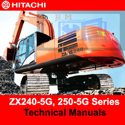 Technical manuals for Hitachi ZX240-5G and ZX250-5G, available for sale, highlighting operational guidelines and maintenance