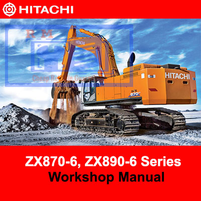 Hitachi ZX870-6 and ZX890-6 series workshop manual cover, featuring detailed technical illustrations and specifications