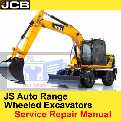 Service repair manual for JCB wheeled excavator, displaying an excavator working in a construction environment