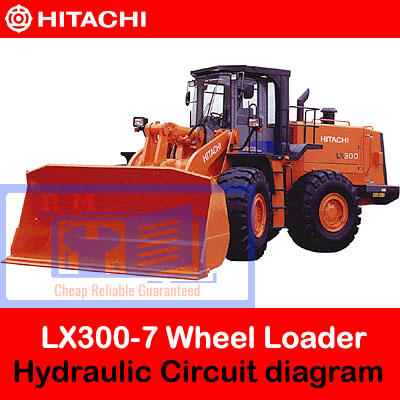 Diagram illustrating the hydraulic circuit of the Hitachi LX300-7, showing key components and their interconnections