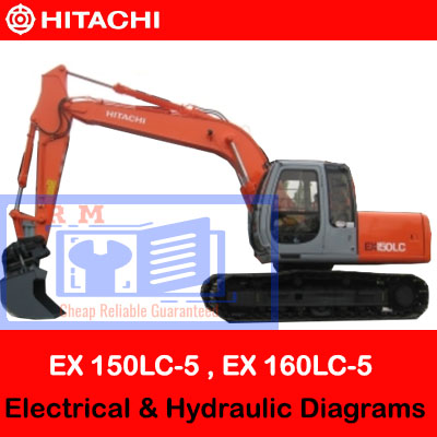 Diagrams illustrating the electrical and hydraulic systems of Hitachi EX 150LC-5 and EX 160LC-5 excavators for technical reference