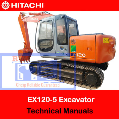 Technical manuals for Hitachi EX120-5 excavator, detailing specifications, operation, and maintenance procedures