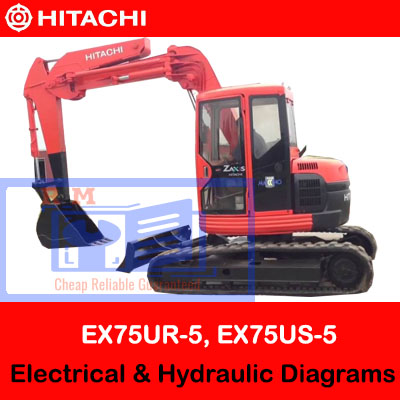 Diagrams illustrating the electrical and hydraulic systems of Hitachi EX75UR-5 and EX75US-5 excavators for technical reference