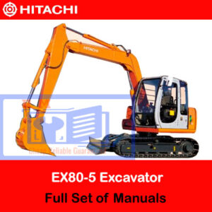 Hitachi EX80-5 Excavator full set of manuals displayed, including operation, maintenance, and parts guides