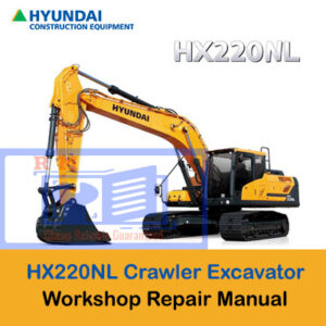 Hyundai HX220NL Excavator Workshop Manual, showcasing the title and technical graphics for repair guidance