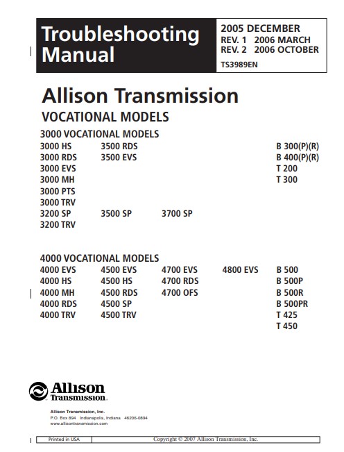 Allison Transmission VOCATIONAL MODELS Troubleshooting Manual - Image 2