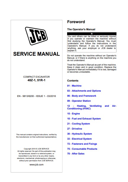 JCB 48Z-1, JCB 51R-1 Compact Excavator Service Repair Manual - Image 2