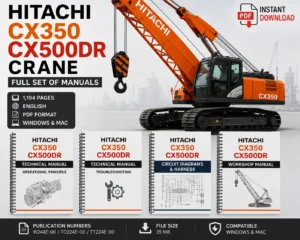 Comprehensive manuals for Hitachi Crane CX350 and CX500DR arranged neatly, highlighting operational and maintenance guidelines