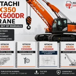 Comprehensive manuals for Hitachi Crane CX350 and CX500DR arranged neatly, highlighting operational and maintenance guidelines