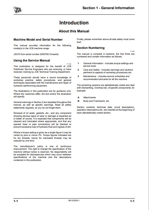 JCB JS 370 Excavator Service Repair Manual - Image 3