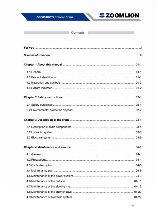 Zoomlion ZCC800H Crawler Crane Maintenance & Service Manual - Image 7