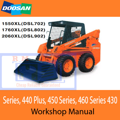 Workshop manual for Doosan Skid Steer 430, 440 Plus, 450, and 460 Series, detailing maintenance and repair procedures