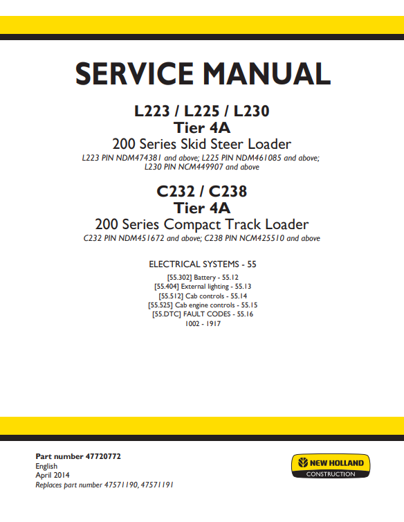 New Holland L223, L225, L230 Tier 4A 200 Series Skid Steer Loader / C232, C238 Tier 4A 200 Series Compact Track Loader Service Manual - Image 2