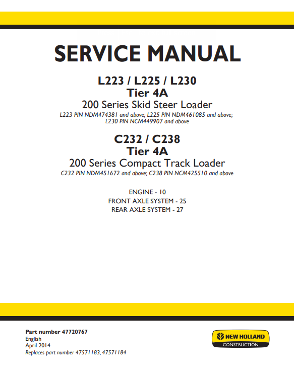 New Holland L223, L225, L230 Tier 4A 200 Series Skid Steer Loader / C232, C238 Tier 4A 200 Series Compact Track Loader Service Manual - Image 2