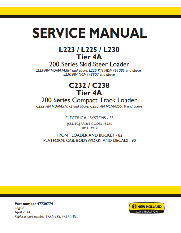 New Holland L223, L225, L230 Tier 4A 200 Series Skid Steer Loader, C232, C238 Tier 4A 200 Series Compact Track Loader Service Manual - Image 2