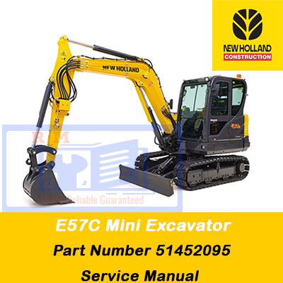Service manual for New Holland E57C Mini Excavator, showcasing the model and essential maintenance information
