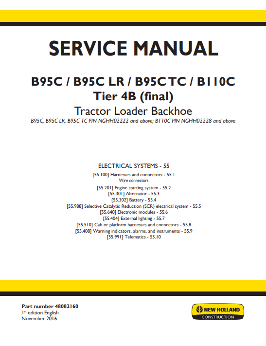 New Holland B95C, New Holland B95CLR, New Holland B95CTC, New Holland B110C Loader Service Manual for Electrical System - Image 2