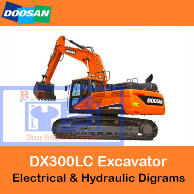 Diagrams illustrating the electrical and hydraulic systems of the Doosan DX300LC excavator for maintenance and troubleshooting