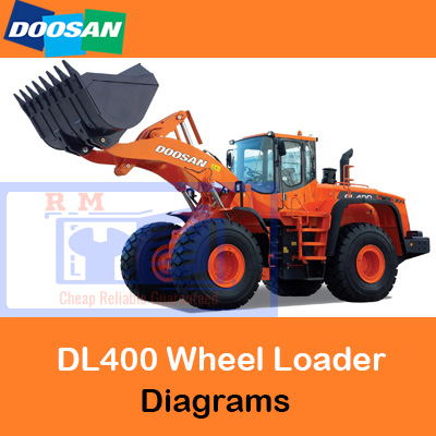 Diagrams illustrating the electrical and hydraulic systems of the Doosan DL400 wheel loader for maintenance and troubleshooting