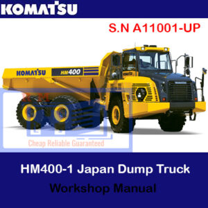 Workshop manual for the Komatsu HM400-2 USA Dump Truck, displaying the truck and various technical illustrations
