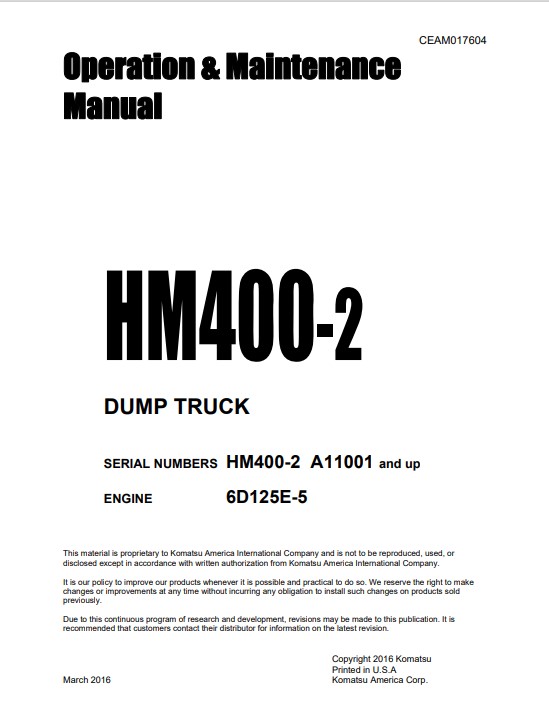 Komatsu HM400-2 USA Dump Truck Operation and Maintenance Manual - Image 2