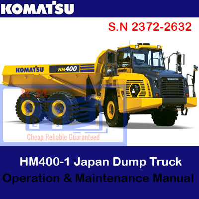 Komatsu HM400-2 dump truck operation and maintenance manual cover featuring the truck and technical illustrations