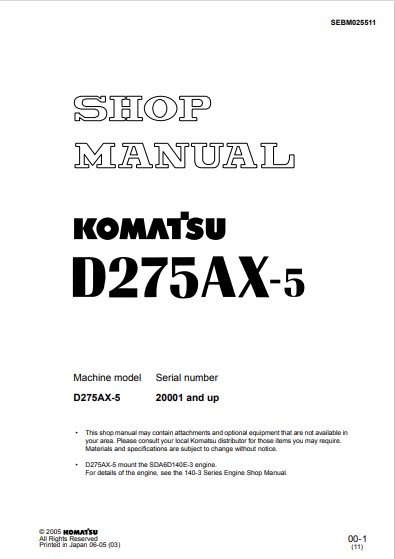 Komatsu D275AX-5 Japan Bulldozer Workshop Manual - Image 2