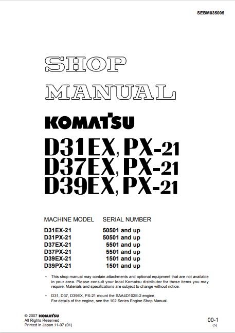 Komatsu D31EX-21, D31PX-21, D37EX-21, D37PX-21, D39EX-21, D39PX-21 Bulldozer Workshop Manual - Image 2
