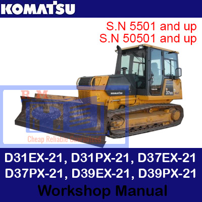 Workshop manual cover for Komatsu D31 and D37 series bulldozers, detailing models D31EX-21, D31PX-21, D37EX-21, D37PX-21