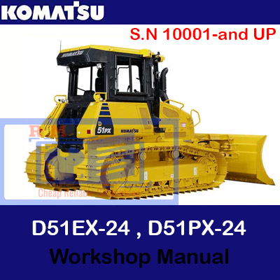 Workshop manual cover for Komatsu D51EX-24 and D51PX-24 bulldozers, featuring technical specifications and maintenance guidelines