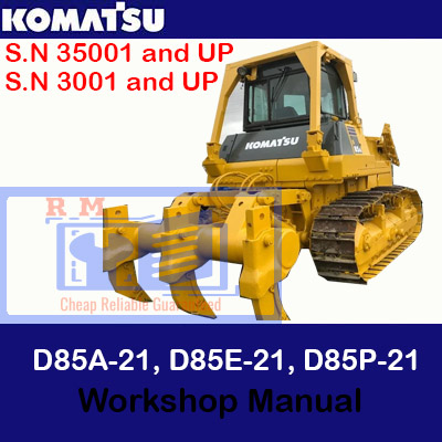 Komatsu D85A-21, D85E-21, and D85P-21 bulldozer workshop manual cover, showcasing essential operational and service information
