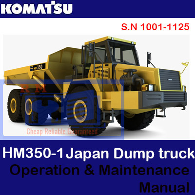 Komatsu HM350-1 dump truck operation and maintenance manual cover featuring the truck and technical illustrations
