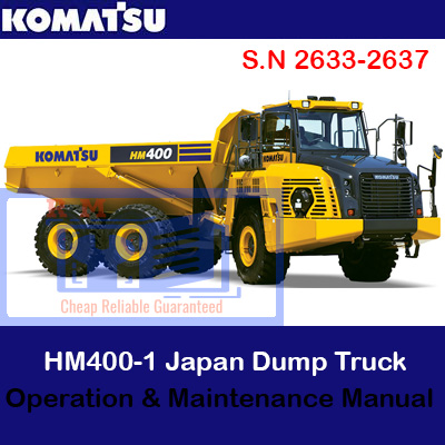 Komatsu HM400-2 dump truck operation and maintenance manual cover featuring the truck and technical illustrations
